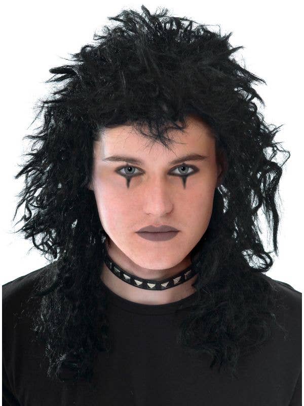 1980's Men's Black Crimped Mullet Costume Wig Accessory 