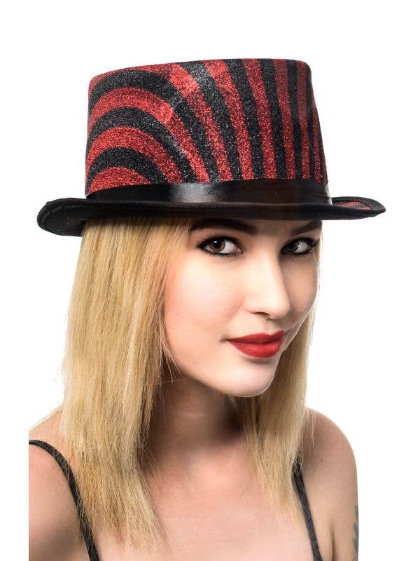 Black and Red Lurex Striped Top Hat Cabaret Costume Accessory