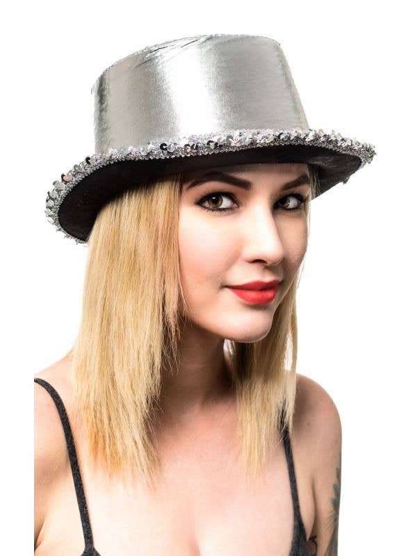 Metallic Silver Adult's Cabaret Top Hat with Sequins