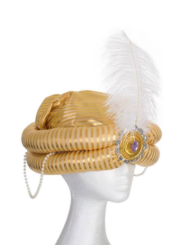 Gold Striped Prince Genie Turban Arabian Costume Hat With White Feather - Main Image