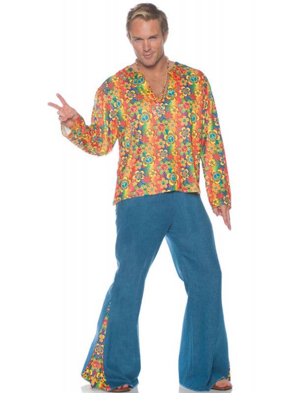 Men's Boogie Down Rainbow Flower Hippie Fancy Dress Costume Main Image
