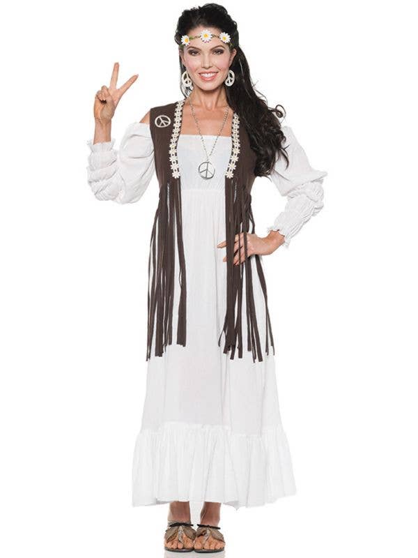 Womens Brown Faux Suede Fringe Hippie Costume Vest - Full Image