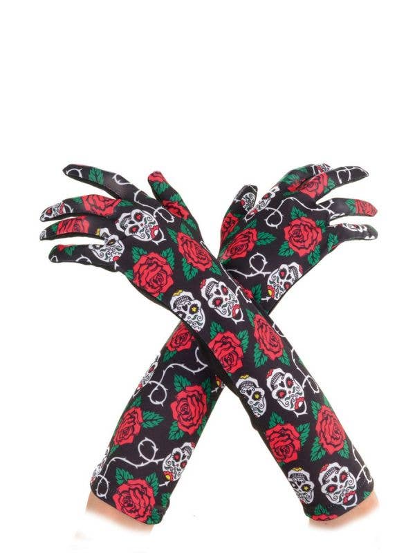Long Black Sugar Skull Pattern Elbow Length Day of the Dead Costume Gloves