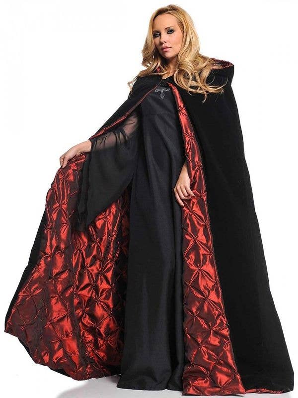 Hooded Black Velvet Costume Cape with Red Taffeta Lining - Main View