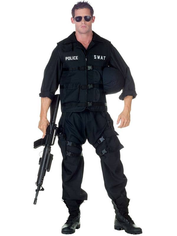 Men's Plus Size Black SWAT Uniform Dress Up Costume Main Image