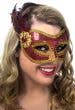 Red and Gold Sequinned Masquerade Mask With Side Appliqué View 1