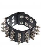 Punk Black Leather Look Wristband With Three Rows of Silver Spikes Costume Accessory - Main Image