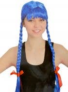 Women's Long Blue Plaited Costume Wig with Bangs and Ribbons