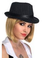 Womens Black and White Stripe Wool Look 1920s Gangster Trilby Hat - Main Image