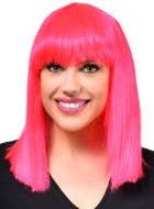 Image of Mid Length Hot Pink Women's Bob Wig with Fringe - Front View