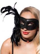 Deluxe Black Lace Overlay Side Feather Masquerade Mask