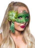 Womens Green Glitter Mask with Flower Side Feather Costume Masquerade Mask - Main Image