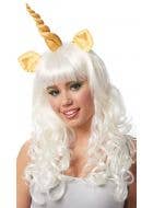 Women's Mytsic Unicorn White Curly Wig With Gold Satin Ears And Horn Costume Accessory