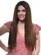 Women's Straight Rich Brown Synthetic Fashion Wig with Dark Roots and Lace Part - Front Image