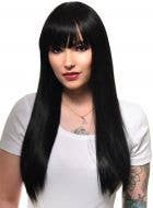 Womens Jet Black Long Straight Fashion Wig with Fringe and Skin Top - Front Image
