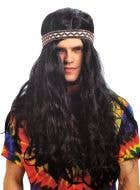 Image of 70s Hippie Man Long Black Costume Wig with Headband