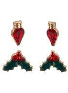 Image of Jewelled Christmas Holly and Red Candles Set of 2 Stud Earrings