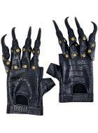Black Leather Look Scale Print Costume Gloves with Black Rubber Claws - Main Image