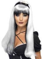 Long Straight White and Black Women's Halloween Costume Wig with Bow