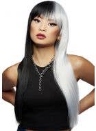 Womens Long Half Black Half Silver Manic Panic Heat Resistant Costume Wig with Fringe - Main Image