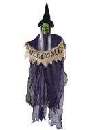 Image of Tattered Purple Witch with Welcome Sign Halloween Decoration