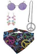 Image Of 1970's Peace Sign Hippie Accessory Set with Round Purple Glasses