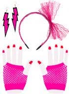 Neon Pink 80s Gloves, Headband and Earrings Accessory Set