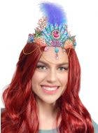 Mermaid Queen Costume Crown with Blue Feather, Jewels and Gold Chains - Main Image