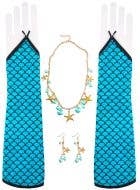 Blue Shimmer Mermaid Necklace Earrings and Gloves Costume Accessory Set