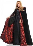 Hooded Black Velvet Costume Cape with Red Taffeta Lining - Main View