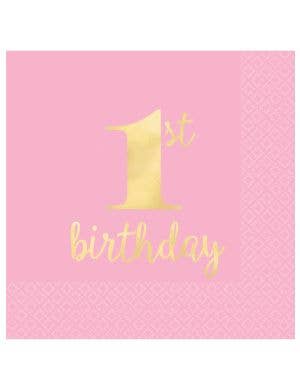 Image of 1st Birthday Girl Pink and Gold 16 Pack Beverage Napkins