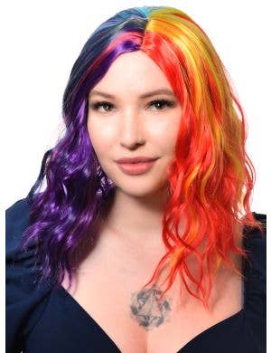 Image of Bright Rainbow Women's Wavy Mid Length Costume Wig - Front View