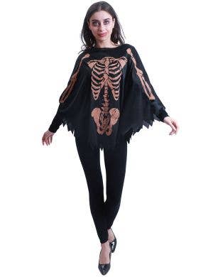 Image of Aged Skeleton Print Women's Halloween Costume Poncho