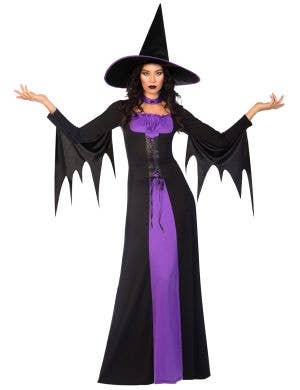 Image of Classic Black and Purple Witch Plus Size Women's Halloween Costume - Main Image