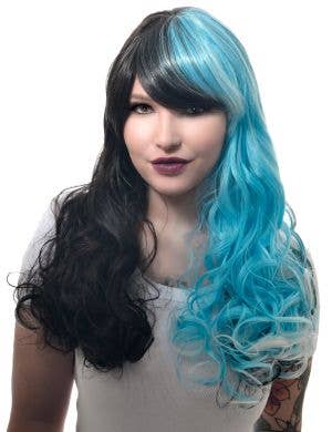 Black and Aqua Split Curls Womens Costume Wig - Front Image