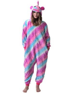 Image of Starry Pink and Blue Striped Unicorn Adults Costume Onesie - Front View
