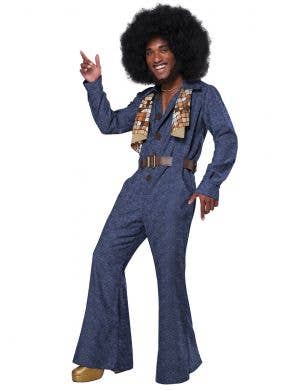 Blue Faux Denim Men's 1970s Disco Costume - Front Image