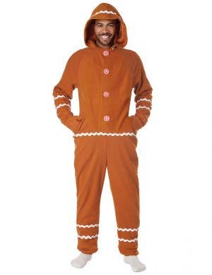 Brown Fleece Gingerbread Man Christmas Costume for Unisex Adults - Front Image