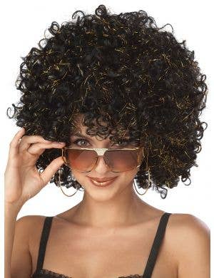 Women's  70s Disco Glitter Black Afro Costume Wig with Gold Tinsel Details - Main Image