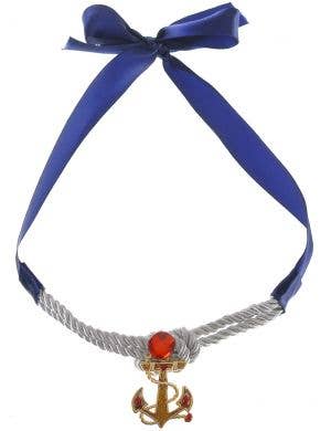 Blue and Silver Sailor Girl Choker Necklace with Gold Anchor and Red Stone Costume Jewellery Accessory - Main Image