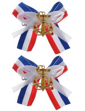 Sailor Girl Hair Clips with Red, White and Blue Striped Bows and Gold Anchors - Main Image