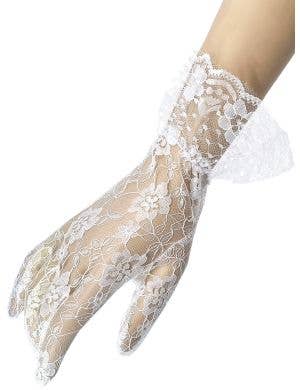 Ruffled White Lace Costume Gloves