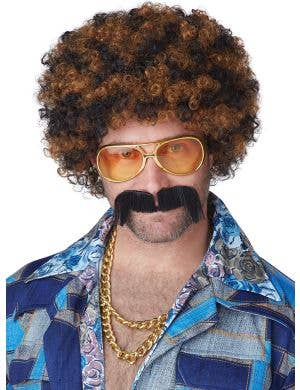 Men's Brown and Blond Disco Dirt Bag Costume Wig and Moustache Set