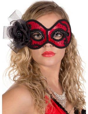 Red and Black Glittering Rose Masquerade Mask View 2