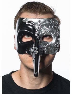 Long Nose Black and Silver Venetian Masquerade Mask