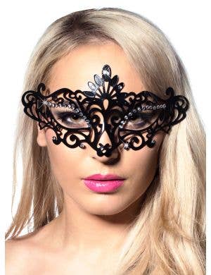 Womens Black Cut Out Masquerade Mask With Rhinestones - Main Image