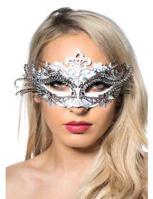 Women's White Cut Out Masquerade Costume Mask With Silver Metal Overlay Main Image