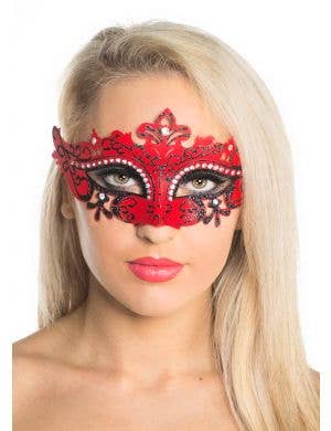 Red Womens Cut Out Masquerade Ball Mask with Rhinestones - Main Image
