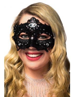Glitter and Floral Lace Overlay Black Masquerade Mask