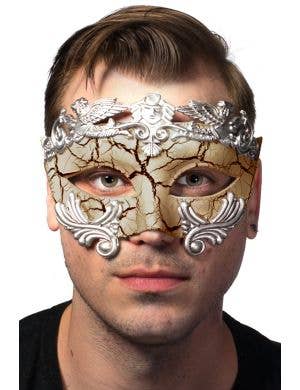 Tan and Silver Ancient Roman Style Crackle Paint Masquerade Mask - Main Image